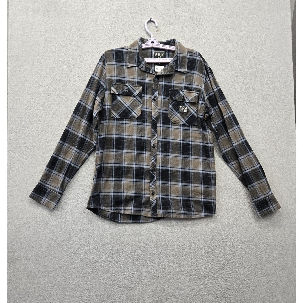 Fox Men Button Up Shirt L Blue Plaid Flannel Logo Long Sleeve Grunge Pockets